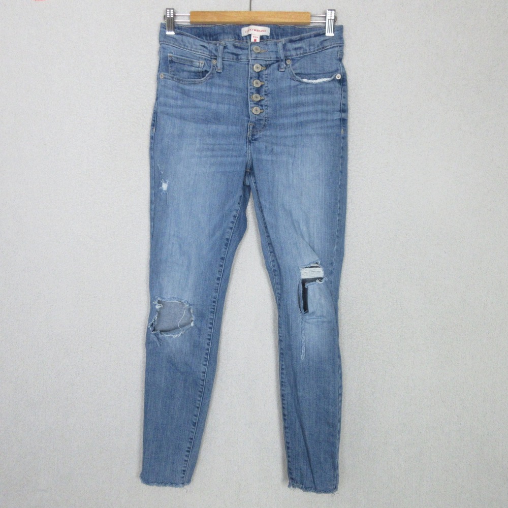 Lucky Brand Bridgette High Rise Skinny Jeans Blue Distressed Raw Hem 8/29 R